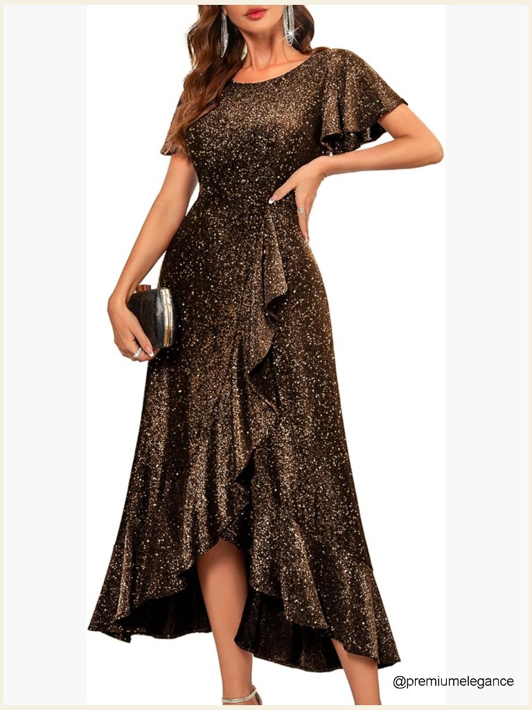 Sequined Formal Dress With Boat Neck And Ruffled Back